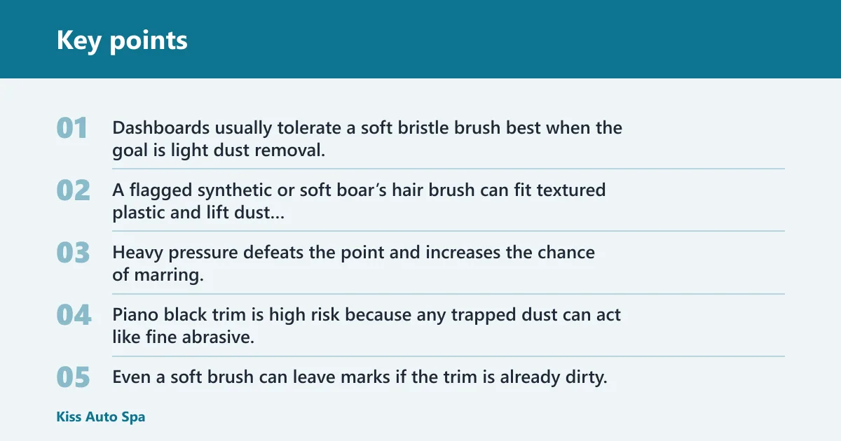 Key points: Which brush is safest for dashboards, buttons, and piano black?