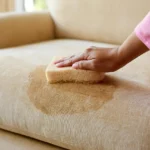 Person inspecting a deep stain on a cloth car seat with a towel and spray bottle