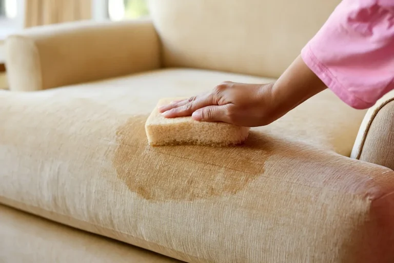 Person inspecting a deep stain on a cloth car seat with a towel and spray bottle