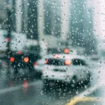 Person wiping a car windshield with faint streaks visible in natural daylight