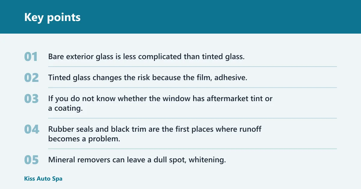 Key points: CLR on car glass: safe, caution, no-go